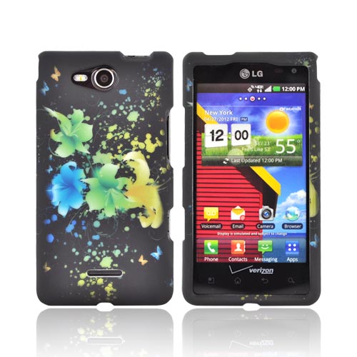 LG Lucid 4G Rubberized Hard Case - Blue/ Green/ Yellow Flowers on Black