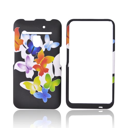 LG Revolution, LG Esteem Rubberized Hard Case - Rainbow Butterflies on Black