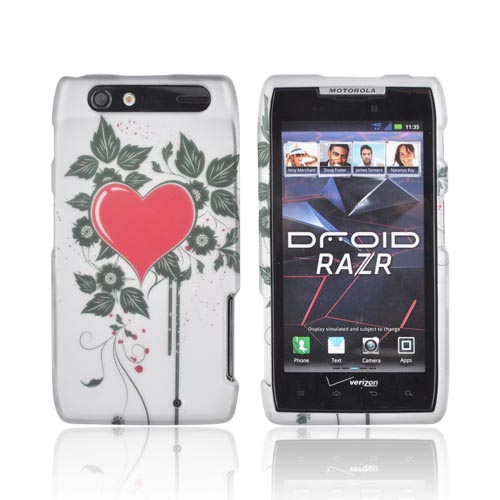 Motorola Droid RAZR Rubberized Hard Case - Red Heart & Vines on Silver