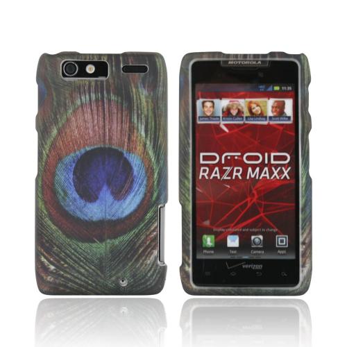 Motorola Droid RAZR MAXX Rubberized Hard Case - Blue/ Green Peacock Feather