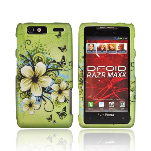 Motorola Droid RAZR MAXX Rubberized Hard Case - White Hawaiian Flowers on Green