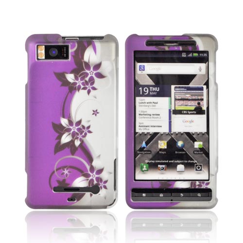 Motorola Droid X MB810/ X2 Rubberized Hard Case - Purple Flowers & Vines on Silver/ Purple