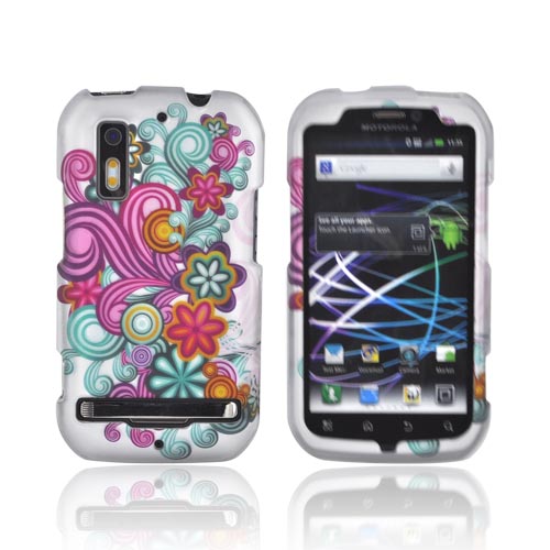 Motorola Photon 4G Rubberized Hard Case - Turquoise/ Purple Floral Burst on Silver