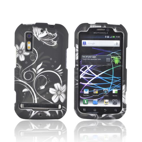 Motorola Photon 4G Rubberized Hard Case - White Butterflies & Flowers on Black