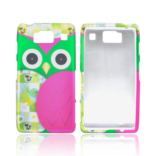 Motorola Droid RAZR HD Rubberized Hard Case - Green/ Hot Pink Owl Design