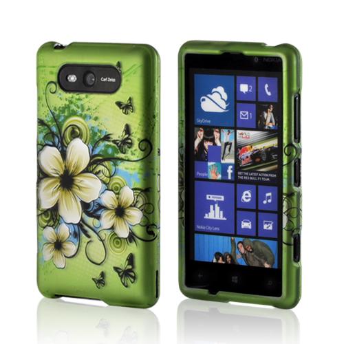 White Hawaiian Flowers on Green Rubberized Hard Case for Nokia Lumia 820