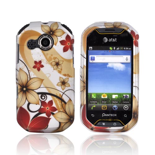 Pantech Crossover P8000 Rubberized Hard Case - Red/ Gold Flowers on Silver