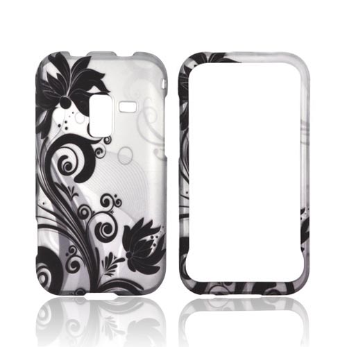 Samsung Conquer 4G Rubberized Hard Case - Black Flowers & Vines on Silver