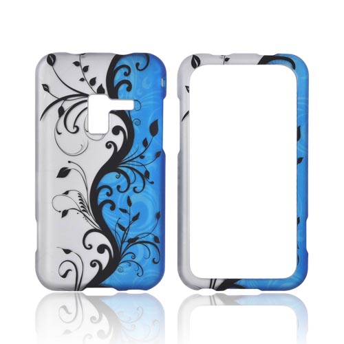 Samsung Conquer 4G Rubberized Hard Case - Black Vines on Blue/ Silver