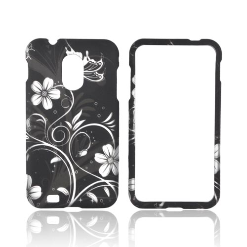 Samsung Epic 4G Touch Rubberized Hard Case - White Butterflies & Flowers on Black