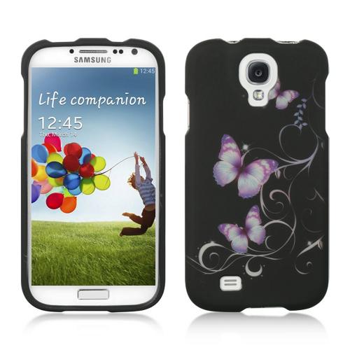 Purple Butterflies on Black Rubberized Hard Case for Samsung Galaxy S4