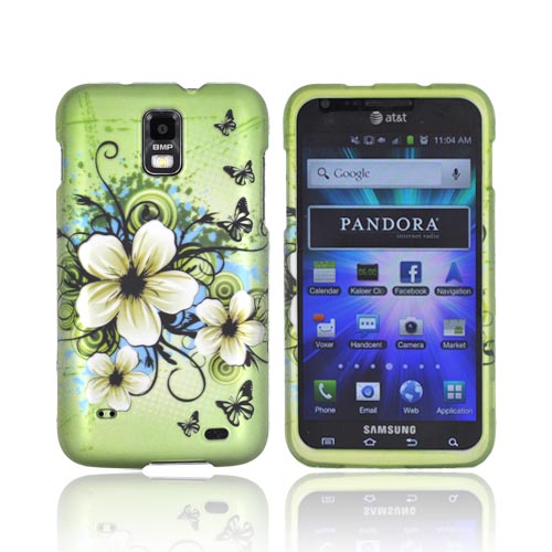 Samsung Galaxy S2 Skyrocket Rubberized Hard Case - Hawaiian Flowers on Green