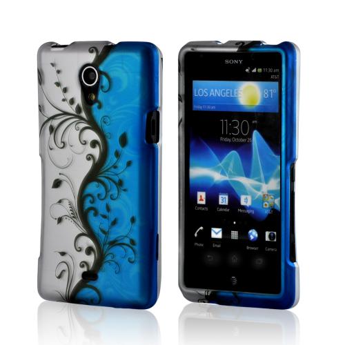 Black Vines on Blue/ Silver Rubberized Hard Case for Sony Xperia TL