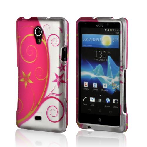 Hot Pink/ Silver Vines & Flowers Rubberized Hard Case for Sony Xperia TL