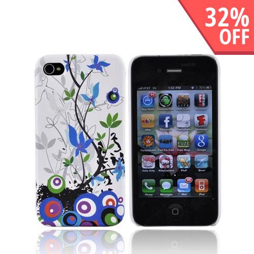 Apple Verizon/ AT&T iPhone 4, iPhone 4S Rubberized Hard Back Cover - Blue and Green Autumn Flowers on White
