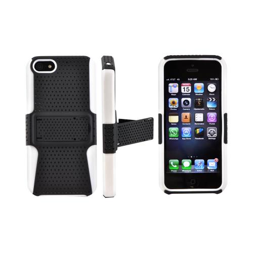 Apple iPhone 5/5S Rubberized Hard Case Over Silicone w/ Stand - Black Mesh on White