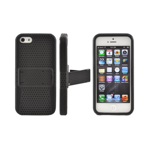 Apple iPhone 5/5S Rubberized Hard Case Over Silicone w/ Built-In Kickstand - Black Mesh on Black Apple iPhone 5/5S Rubberized Hard Case Over Silicone w/ Built-In Kickstand - Black Mesh on Black