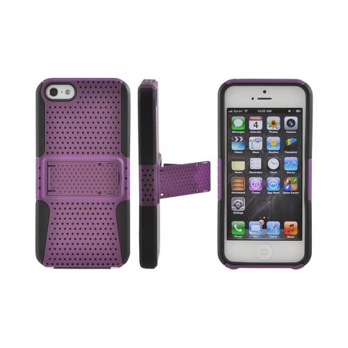 Apple iPhone 5/5S Rubberized Hard Case Over Silicone w/ Built-In Kickstand - Purple Mesh on Black