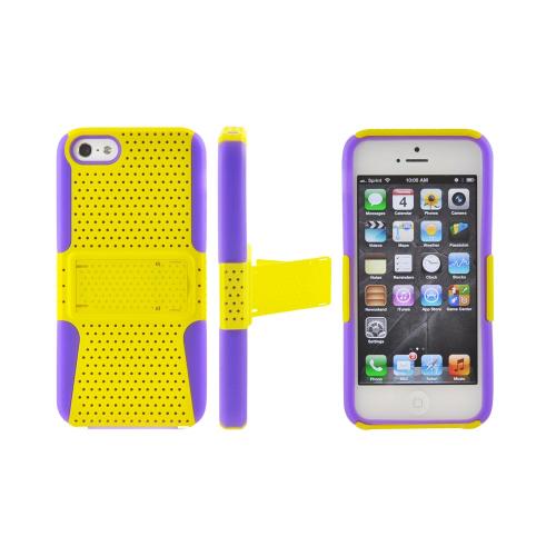 Apple iPhone 5/5S Rubberized Hard Case Over Silicone w/ Built-In Kickstand - Yellow Mesh on Purple