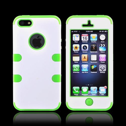 Apple iPhone 5/5S Rubberized Hard Case Over Silicone - White/ Neon Green