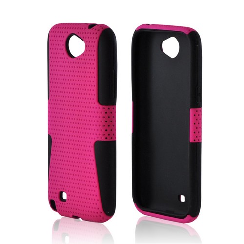 Samsung Galaxy Note 2 Rubberized Hard Case Over Silicone - Hot Pink Mesh on Black
