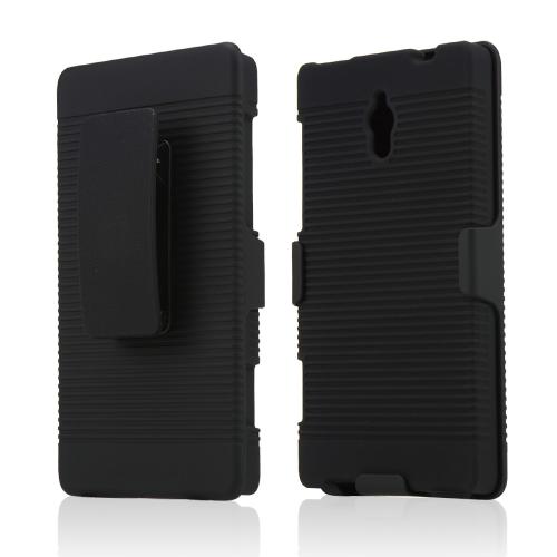 Black Rubberized Hard Case & Holster Combo w/ Kickstand & Swivel Belt Clip for HTC 8XT