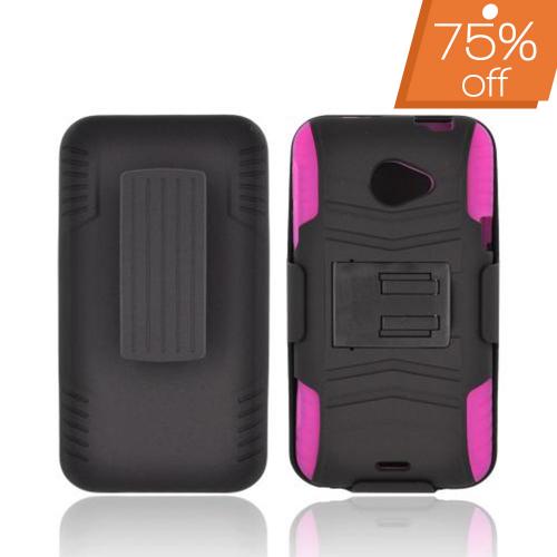 HTC EVO 4G LTE Rubberized Hard Cover Over Silicone Case w/ Stand & Holster Stand w/ Swivel Belt Clip - Black/ Pink