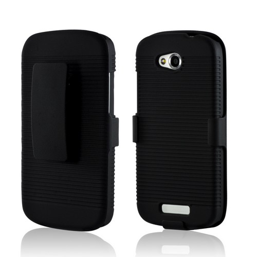 Black Rubberized Hard Case Holster Combo w/ Swivel Belt Clip & Kickstand for HTC One VX