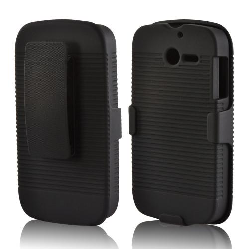 Black Rubberized Hard Case & Holster Combo w/ Kickstand & Swivel Belt Clip for Huawei Ascend Y