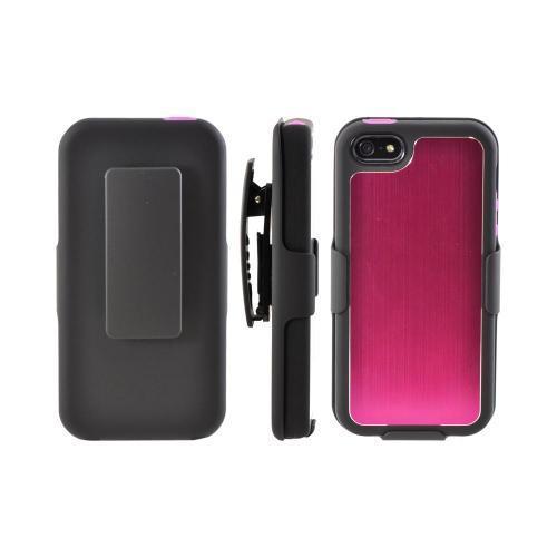 Apple iPhone 5/5S Hard Cover On Silicone Case w/ Aluminum Back & Holster Stand & Belt Clip - Pink/ Black
