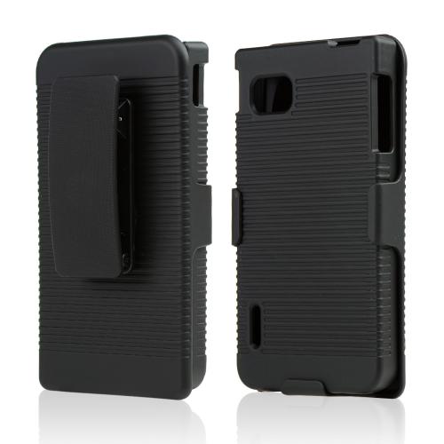 Black Rubberized Hard Case & Holster Combo w/ Kickstand & Swivel Belt Clip for LG Optimus F3 - Sprint/ Virgin Mobile