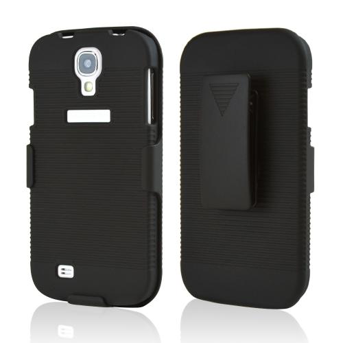 Black Rubberized Hard Case & Holster Combo w/ Kickstand & Swivel Belt Clip for Samsung Galaxy S4