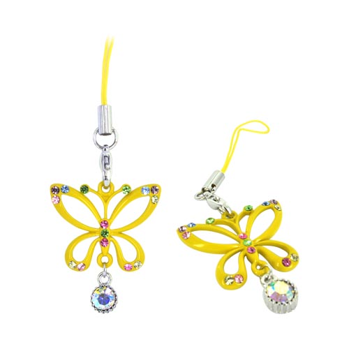 Butterfly Cellphone Charm/ Strap w/ Multi Colored Gems - Yellow