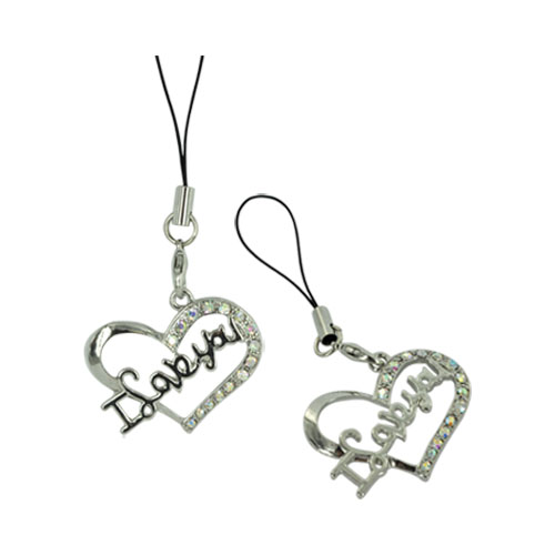 I Love You Heart Cellphone Charm/ Strap - Clear Gems