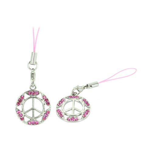 Peace Sign w/ Gemmed Border Cellphone Charm/ Strap - Pink