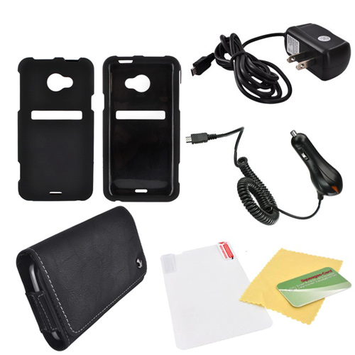 HTC EVO 4G LTE Essential Bundle Package w/ Black Rubberized Hard Case, Screen Protector, Leather Pouch, Car & Travel Charger