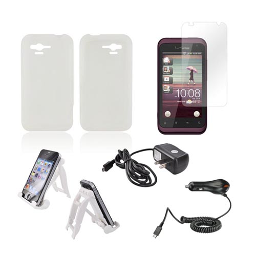 HTC Rhyme Essential Bundle Package w/ Clear Silicone Case, Screen Protector, White 3Feet Stand, Car & Travel Charger