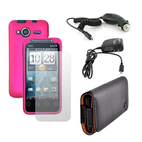 HTC EVO Shift 4G Essential Bundle w/ Hot Pink Rubberized Hard Case, Screen Protector, Leather Pouch, Car Charger, and Travel Charger