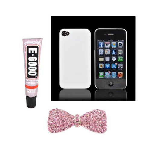 Apple iPhone 4/4S DIY Essential Bundle w/ Glossy White Ultra Slim Hard Case, Pink Bling Bow, & E-6000 Glue