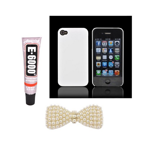 Apple iPhone 4/4S DIY Essential Bundle w/ Glossy White Ultra Slim Hard Case, Pearl Bow, & E-6000 Glue