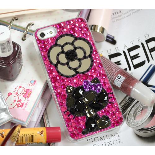 Hello Kitty Silhouette w/ Mirror Flower on Hot Pink & Purple Jewels Clear Hard Case for Apple iPhone 5/5S
