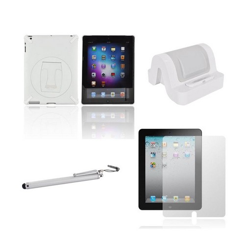 Apple iPad 2/ New iPad Essential Bundle Package w/ Aprolink Charging Stand Dock, White Hard Case w/ Rotable Kickstand, Anti-Glare Screen Protector, & Silver Stylus Pen