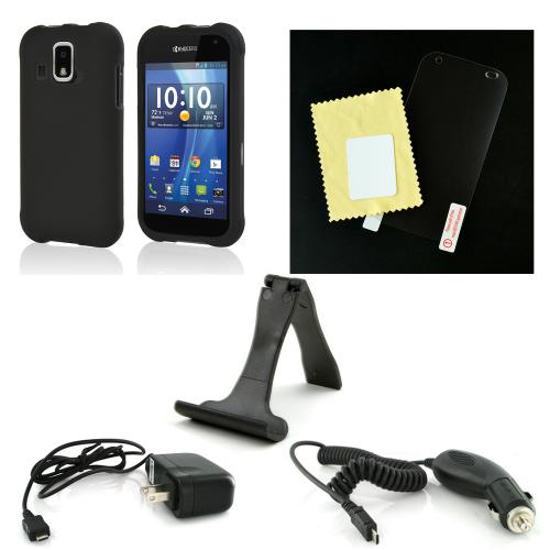 Essential Starter Bundle Package w/ Black Rubberized Hard Case, Screen Protector, Portable Stand, Car & Travel Charger for Kyocera Hydro XTRM