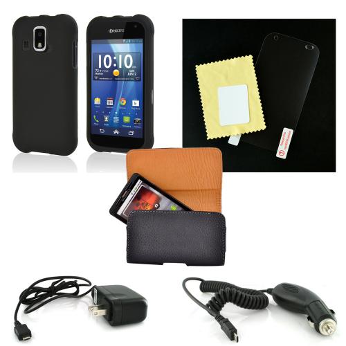 Essential Starter Bundle Package w/ Black Rubberized Hard Case, Screen Protector, Leather Pouch, Car & Travel Charger for Kyocera Hydro XTRM