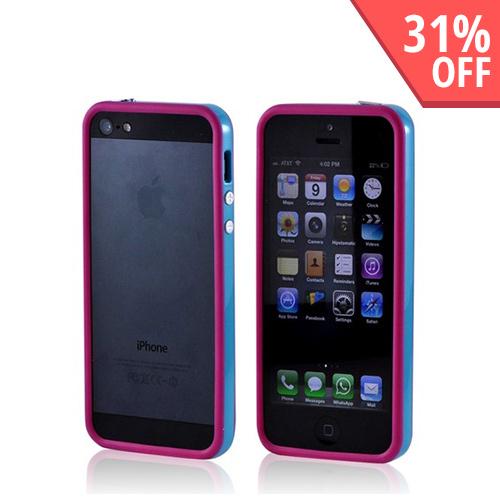 Premium Apple iPhone 5/5S Crystal Silicone Bumper Case w/ Metal Buttons - Hot Pink/ Turquoise