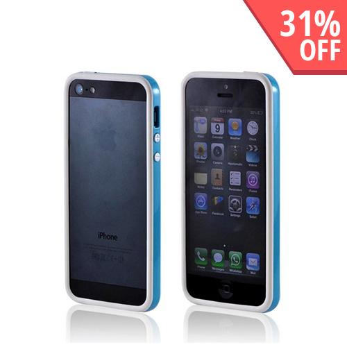 Premium Apple iPhone 5/5S Crystal Silicone Bumper Case w/ Metal Buttons - White/ Turquoise