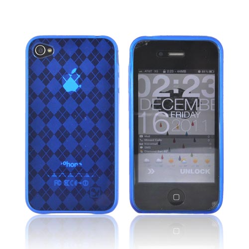 Apple iPhone 4 Crystal Silicone Case, Rubber Skin - Argyle Print Transparent Blue