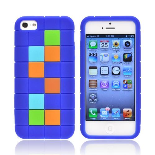 Apple iPhone 5/5S Silicone Case - Green/ Blue/ Brown Blocks on Dark Blue