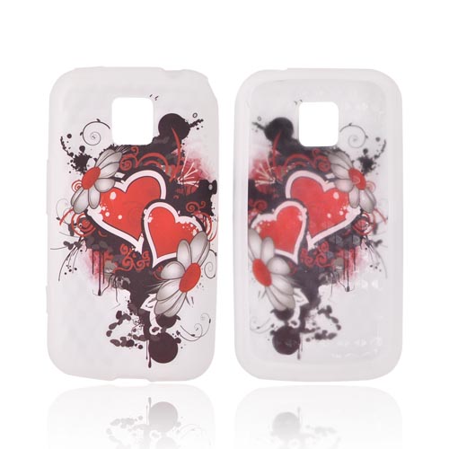 LG Optimus M MS690 Silicone Case - Red Hearts & Flowers on Frost White