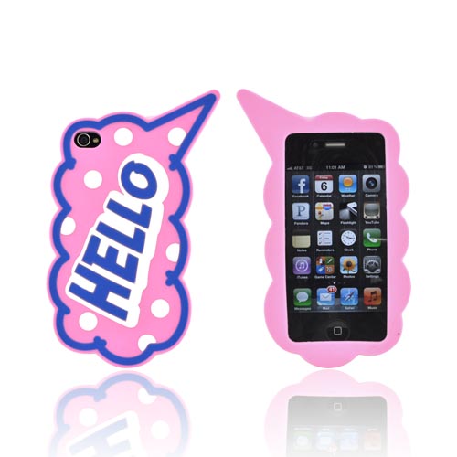 AT&T/ Verizon Apple iPhone 4, iPhone 4S Silicone Case - Blue "Hello" on Baby Pink